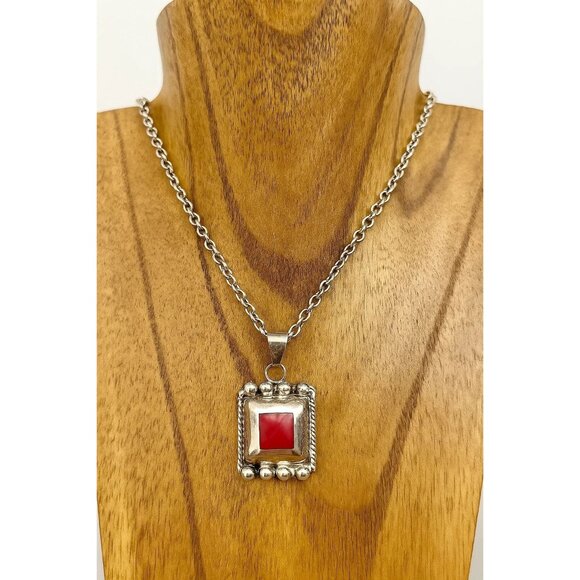 Sterling Silver 925 Mexico Red Enamel Art Nouveau Pendant 1 1/8" H X 7/8" W - Picture 1 of 5